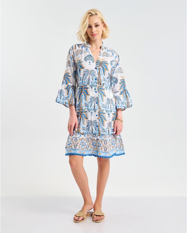 ΚΟΝΤΟ ΦΟΡΕΜΑ ΣΕ ΛΕΥΚΌ/ΜΠΛΕ ΜΕ ''ΦΟΙΝΙΚΕΣ'' ONE SIZE ( 100% COTTON)