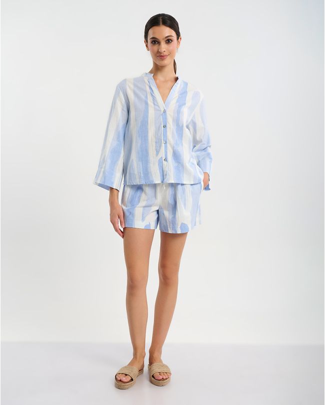 ΚΟΝΤΟΜΑΝΙΚΟ ΠΟΥΚΑΜΙΣΟ ΛΕΥΚΌ/ΓΑΛΑΖΙΟ ONE SIZE ( 30% LINEN 70% COTTON)