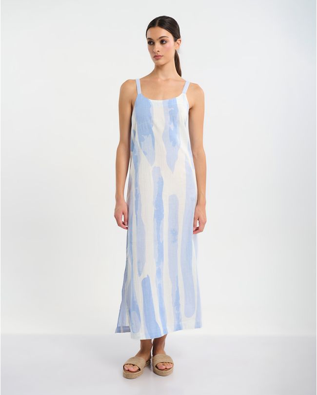 ΜΑΚΡΥ ΑΜΑΝΙΚΟ ΦΟΡΕΜΑ ΣΕ ΛΕΥΚΌ/ΓΑΛΑΖΙΟ ONE SIZE ( 30% LINEN 70% COTTON