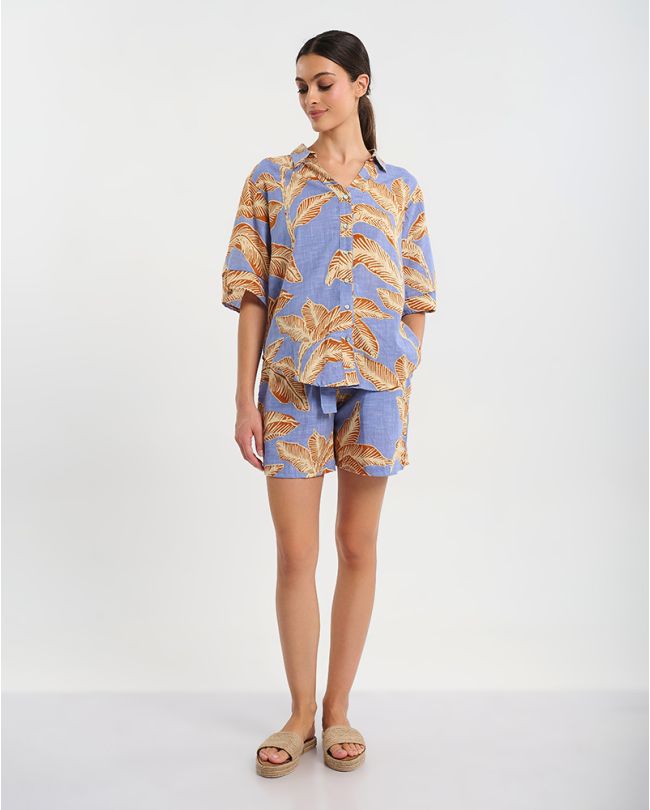 ΠΟΥΚΑΜΙΣΟ ΚΟΝΤΟΜΑΝΙΚΟ ΣΕ ΜΠΛΕ ΧΡΩΜΑ ΜΕ ΜΠΕΖ ''ΦΥΛΛΑ'' ONE SIZE ( 100% COTTON)