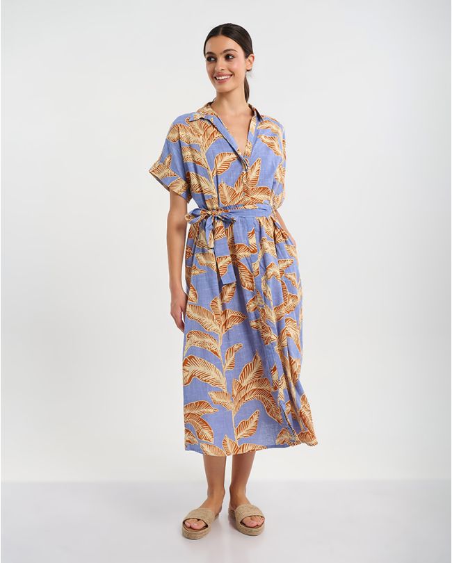 ΦΟΡΕΜΑ ΜΕ 3/4 ΜΑΝΙΚΙ ΣΕ ΜΠΛΕ ΧΡΩΜΑ ΜΕ ΜΠΕΖ '' ΦΥΛΛΑ'' ONE SIZE ( 100% COTTON)