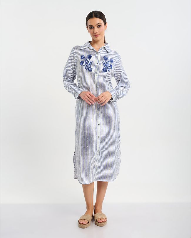 ΦΟΡΕΜΑ/ΠΟΥΚΑΜΙΣΑ ΣΕ ΛΕΥΚΌ ΜΕ ΜΠΛΕ ΡΙΓΕΣ ONE SIZE ( 100% COTTON)