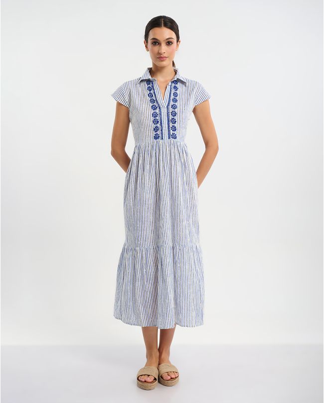 ΦΟΡΕΜΑ ΜΑΚΡΥ ΑΜΑΝΙΚΟ ΣΕ ΛΕΥΚΌ ΜΕ ΜΠΛΕ ΡΙΓΕΣ ONE SIZE (100 % COTTON)