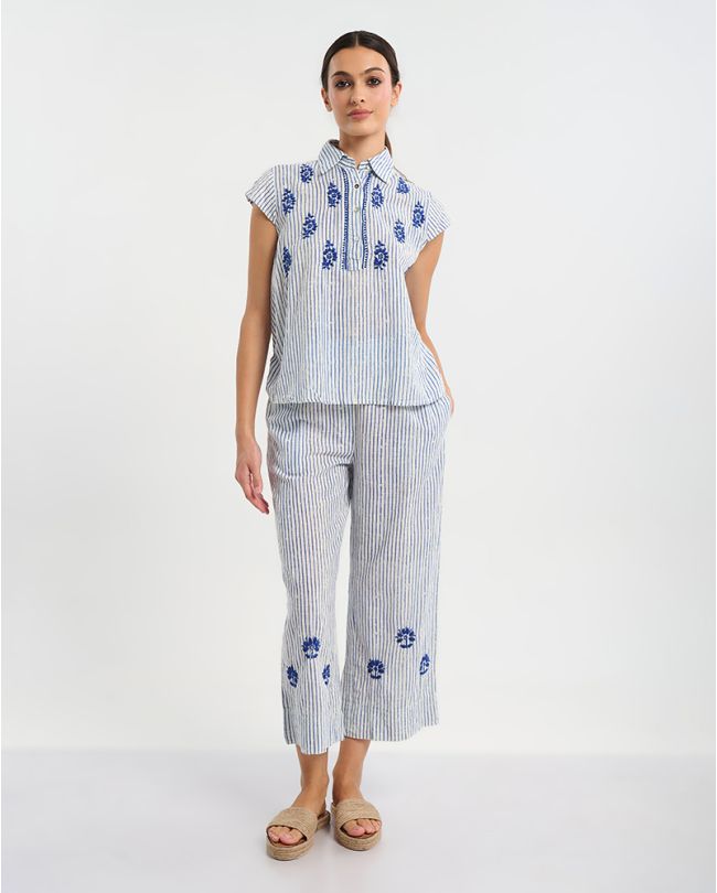 ΤΟΠ ΚΟΝΤΟΜΑΝΙΚΟ ΣΕ ΛΕΥΚΌ ΜΕ ΜΠΛΕ ΡΙΓΕΣ ONE SIZE ( 100% COTTON)