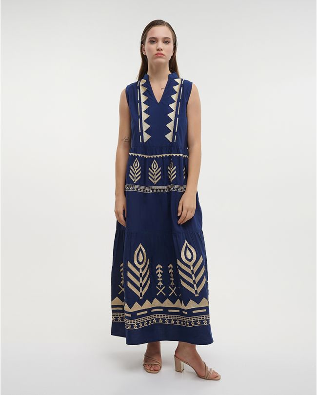 ΦΟΡΕΜΑ ΜΑΚΡΥ ΑΜΑΝΙΚΟ ΣΕ ΜΠΛΕ ΣΚΟΥΡΟ ΧΡΩΜΑ ΜΕ ΧΡΥΣΑ ΚΕΝΤΗΜΑΤΑ ONE SIZE (100% COTTON)