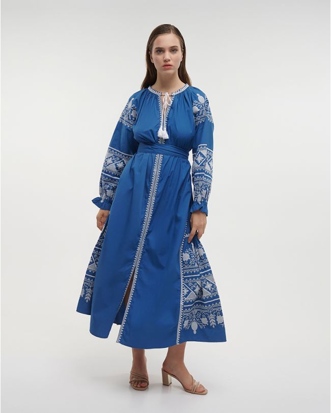LONG DRESS/KAFTAN IN BLUE COLOR WITH WHITE EMBROIDERY DESIGNS AND BELT ONE SIZE (100% COTTON)