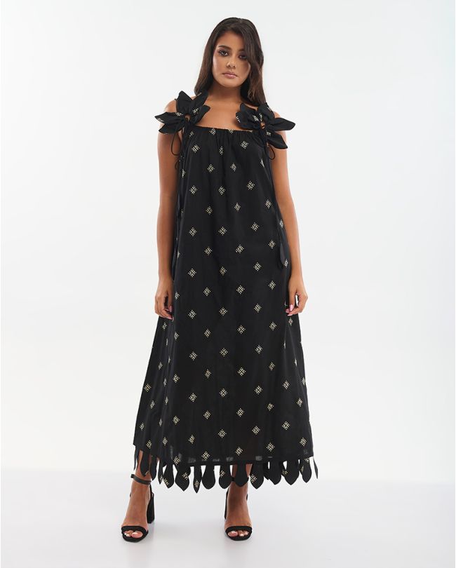 ΦΟΡΕΜΑ ΜΑΚΡΥ ΑΜΑΝΙΚΟ ΜΑΥΡΟ ΜΕ ΜΠΕΖ ΚΕΝΤΗΜΑΤΑ ΚΑΙ ΛΟΥΛΟΥΔΙΑ ONE SIZE (100% COTTON)