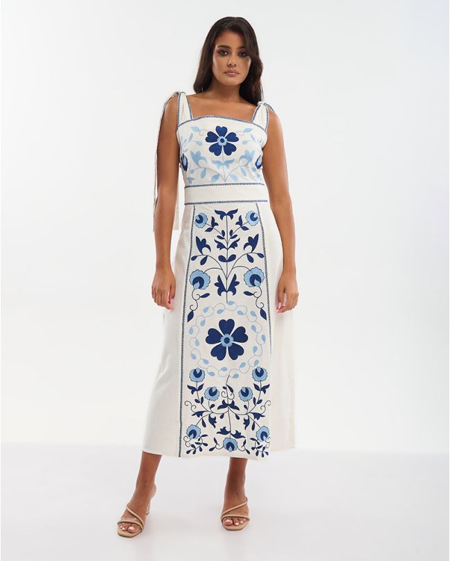 ΦΟΡΕΜΑ ΜΑΚΡΥ ΑΜΑΝΙΚΟ ΛΕΥΚΟ ΜΕ ΜΠΛΕ ΚΕΝΤΗΜΑΤΑ ONE SIZE (100% COTTON)