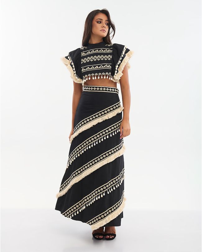 S/2 ΤΟΠ ΚΟΝΤΟ ΑΜΑΝΙΚΟ ΚΑΙ ΦΟΥΣΤΑ ΜΑΚΡΙΑ ΜΑΥΡΟ ΜΕ ΜΠΕΖ ΚΕΝΤΗΜΑΤΑ ONE SIZE (100% COTTON)