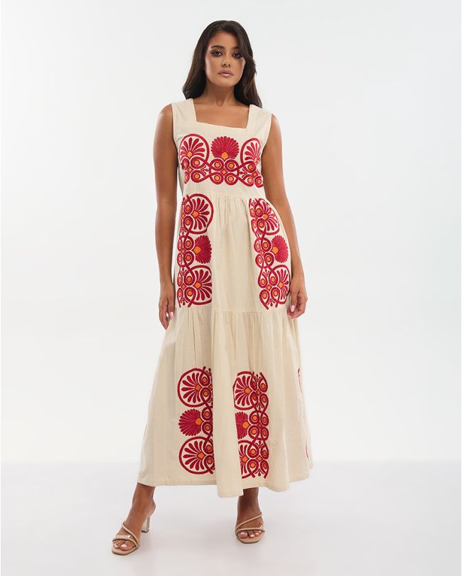 ΦΟΡΕΜΑ ΜΑΚΡΥ ΑΜΑΝΙΚΟ ΜΠΕΖ ΜΕ ΚΟΚΚΙΝΑ ΚΕΝΤΗΜΑΤΑ ONE SIZE (100% COTTON)