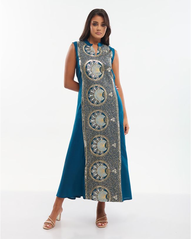 ΦΟΡΕΜΑ ΜΑΚΡΥ ΑΜΑΝΙΚΟ ΜΠΛΕ ΜΕ ΧΡΥΣΑ ΚΕΝΤΗΜΑΤΑ ONE SIZE (100% COTTON)