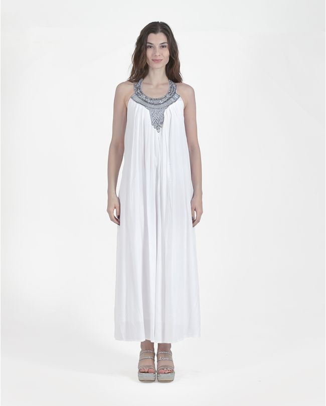 LONG SLEEVELESS DRESS IN WHITE COLOR WITH BLACK/SILVER EMBROIDERY ONE SIZE (100%RAYON WITH COTTON LINING)