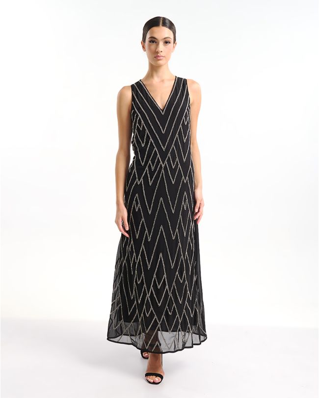 ΦΟΡΕΜΑ ΜΑΚΡΥ ΑΜΑΝΙΚΟ ΣΕ ΜΑΥΡΟ ΧΡΩΜΑ ΜΕ ΑΣΗΜΙ ΛΕΠΤΟΜΕΡΕΙΕΣ ONE SIZE (100% POLY GEORGET WITH POLY LINING)