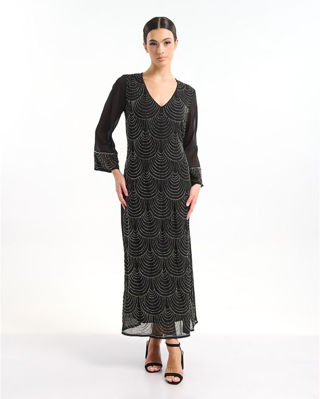 ΦΟΡΕΜΑ ΜΑΚΡΥ ΜΕ ΜΑΚΡΥ ΜΑΝΙΚΙ ΣΕ ΜΑΥΡΟ ΧΡΩΜΑ ΜΕ ΑΣΗΜΙ ΛΕΠΤΟΜΕΡΕΙΕΣ ONE SIZE (100% POLY GEORGET WITH POLY LINING)