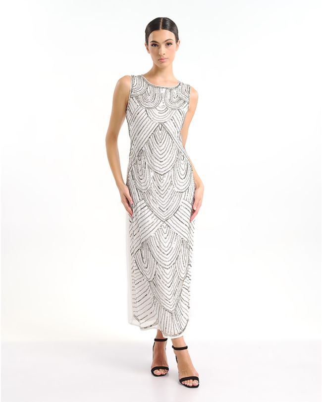 ΦΟΡΕΜΑ ΜΑΚΡΥ ΑΜΑΝΙΚΟ ΜΕ ΣΕ ΛΕΥΚΟ ΧΡΩΜΑ ΜΕ ΑΣΗΜΙ ΛΕΠΤΟΜΕΡΕΙΕΣ ONE SIZE (100% POLY GEORGET WITH POLY LINING)