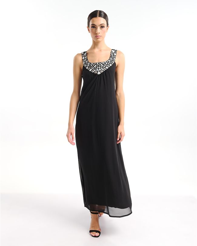 ΦΟΡΕΜΑ ΜΑΚΡΥ ΜΕ ΑΜΑΝΙΚΟ ΜΑΝΙΚΙ ΣΕ ΜΑΥΡΟ ΧΡΩΜΑ ΜΕ ΑΣΗΜΙ ΛΕΠΤΟΜΕΡΕΙΕΣ ONE SIZE ( 100% POLY GEORGET WITH POLY LINING)