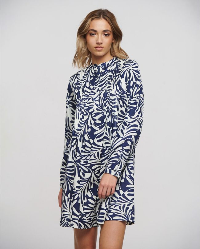 DRESS/TUNIC WITH LONG SLEEVES IN BLUE/WHITE COLOR ONE SIZE (100% COTTON)