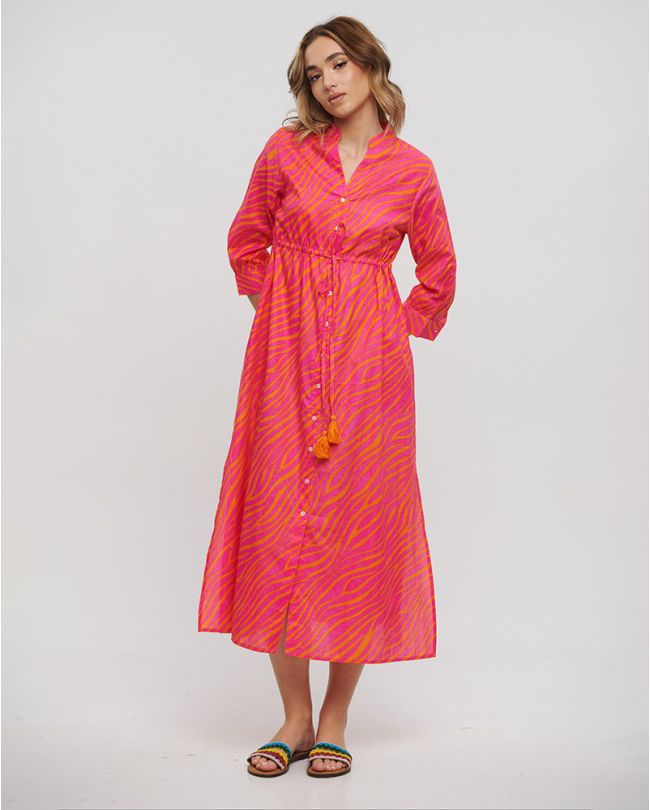 LONG DRESS WITH 3/4 SLEEVES IN PINK/ORANGE COLOR ONE SIZE (100% COTTON)