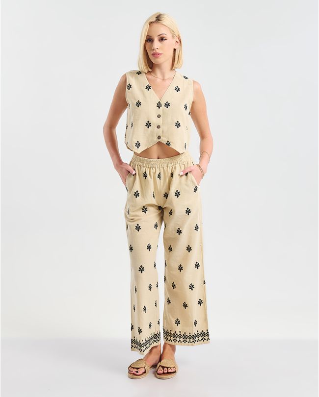 S/2 ΓΙΛΕΚΟ ΚΑΙ ΠΑΝΤΕΛΟΝΙ ΜΠΕΖ ΜΕ ΜΑΥΡΕΣ ΚΕΝΤΗΤΕΣ ΛΕΠΤΟΜΕΡΕΙΕΣ ONE SIZE (100% COTTON)