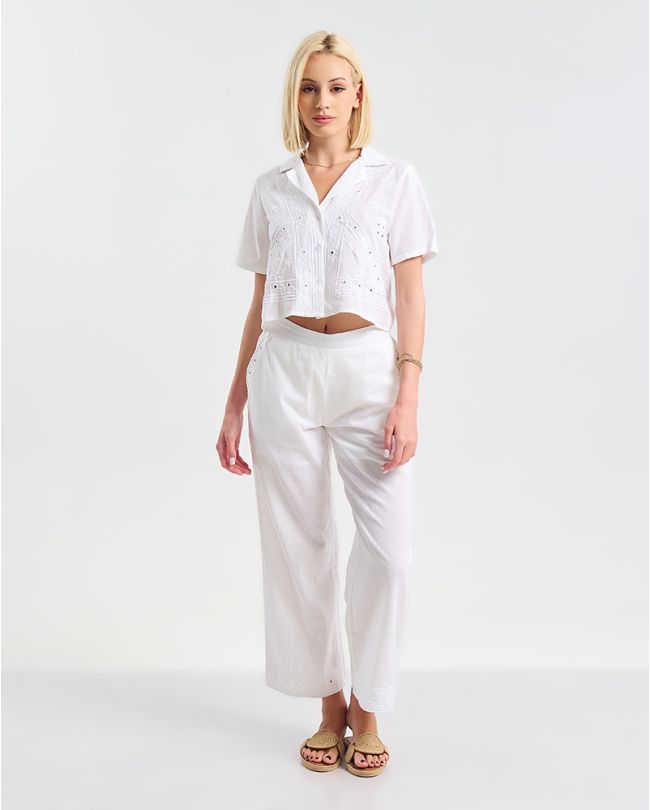 S/2 ΤΟΠ ΜΕ ΚΟΝΤΟ ΜΑΝΙΚΙ ΚΑΙ ΠΑΝΤΕΛΟΝΙ ΛΕΥΚΟ ΜΕ ΚΕΝΤΗΤΕΣ ΛΕΠΤΟΜΕΡΕΙΕΣ ONE SIZE (100% COTTON)