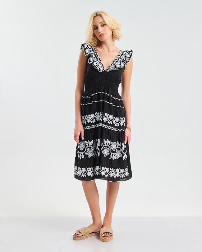 ΦΟΡΕΜΑ ΜΑΚΡΥ ΑΜΑΝΙΚΟ ΜΑΥΡΟ ΜΕ ΛΕΥΚΕΣ ΚΕΝΤΗΤΕΣ ΛΕΠΤΟΜΕΡΕΙΕΣ ONE SIZE (100% COTTON)