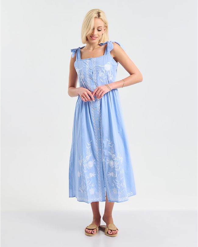 ΦΟΡΕΜΑ ΜΑΚΡΥ ΑΜΑΝΙΚΟ ΜΠΛΕ ΜΕ ΛΕΥΚΕΣ ΚΕΝΤΗΤΕΣ ΛΕΠΤΟΜΕΡΕΙΕΣ ONE SIZE (100% COTTON)