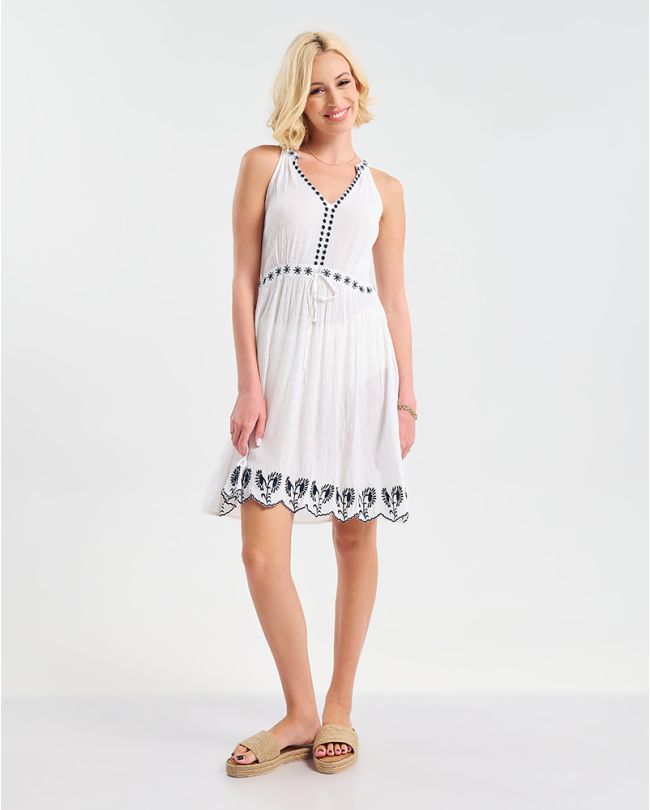 ΦΟΡΕΜΑ ΚΟΝΤΟ ΑΜΑΝΙΚΟ ΛΕΥΚΟ ΜΕ ΜΑΥΡΕΣ ΚΕΝΤΗΤΕΣ ΛΕΠΤΟΜΕΡΕΙΕΣ ONE SIZE (100% VISCOSE)