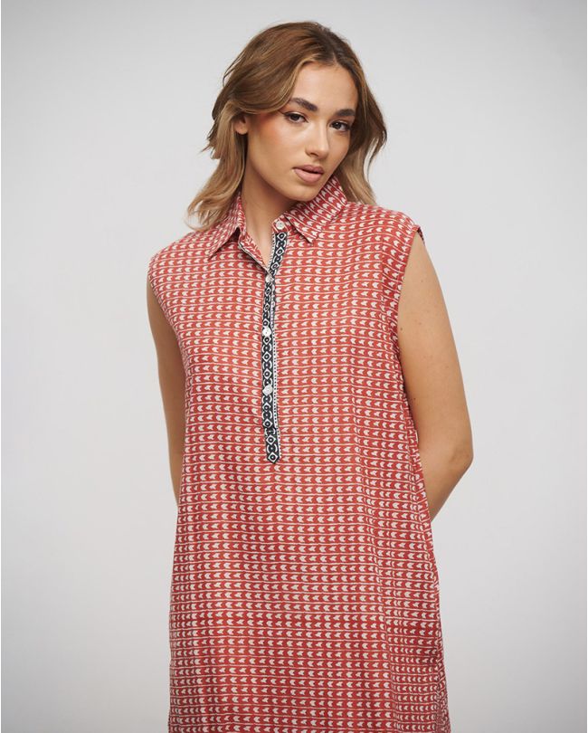 LONG SLEEVELESS DRESS IN RED/WHITE/BLACK COLOR ONE SIZE (100% COTTON)
