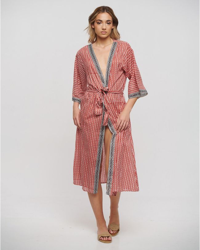 LONG KIMONO WITH BELT IN RED/WHITE/BLACK COLOR ONE SIZE (100% COTTON)