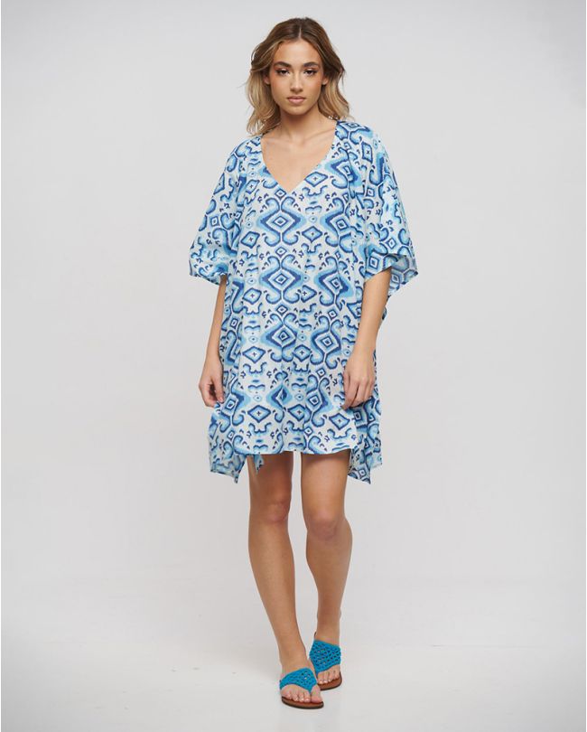 SHORT KAFTAN IN BLUE/LIGHT BLUE/WHITE COLOR ONE SIZE (100% COTTON)