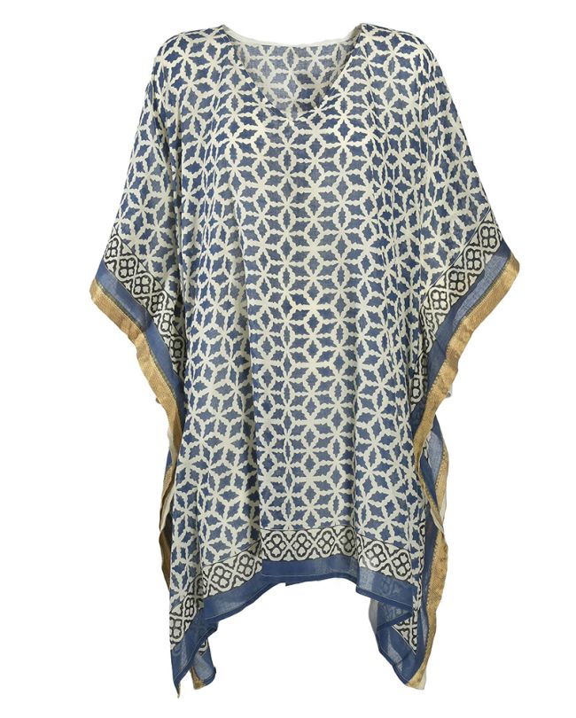 SHORT KAFTAN IN BLUE/GREEN COLOR WITH GOLD BORDER ONE SIZE (100% COTTON)