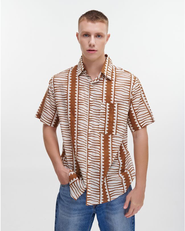 SHIRT WITH SHORT SLEEVES IN BROWN/WHITE COLOR M/L(100% COTTON)