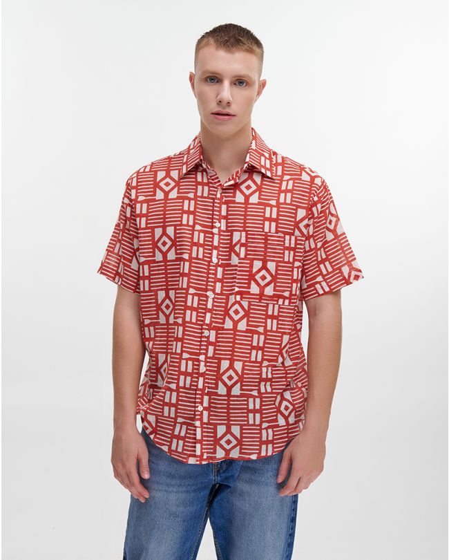SHIRT WITH SHORT SLEEVES IN RED/BEIGE COLOR L/XL (100% COTTON)