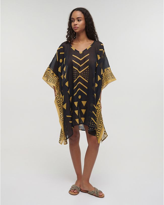 PATTERNED KAFTAN IN BLACK/MUSTARD COLOR ONE SIZE (100% COTTON)