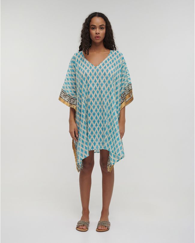 PATTERNED KAFTAN IN TURQUOISE/ECRU COLOR ONE SIZE (100% COTTON)
