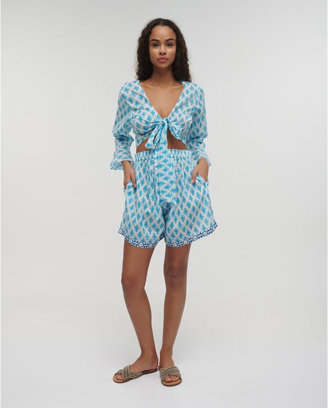 CROP PATTERNED TOP WITH KNOT IN TURQUOISE/ECRU COLOR ONE SIZE (100% COTTON)