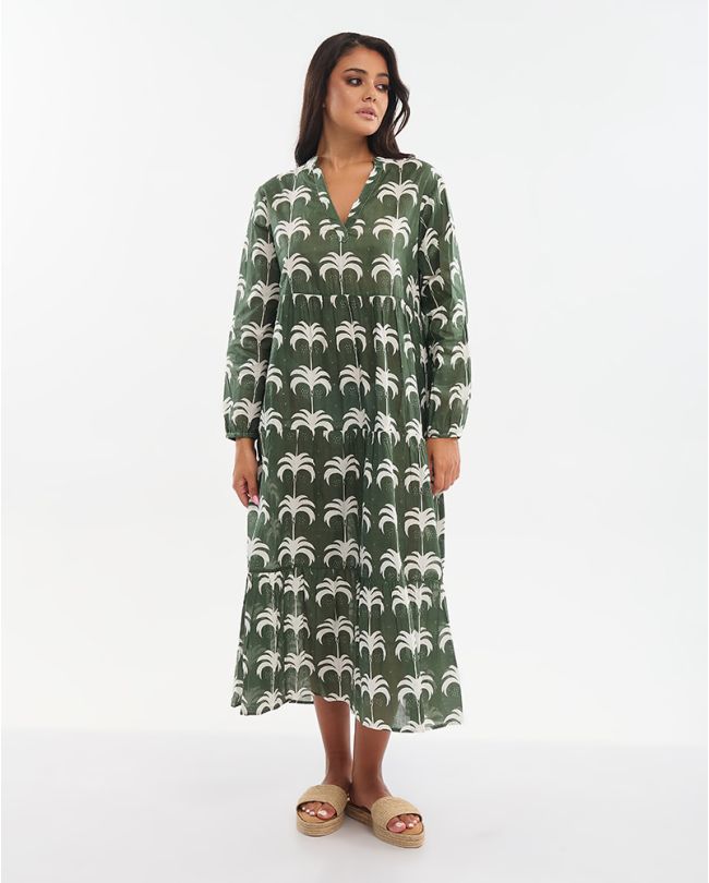 ΦΟΡΕΜΑ ΜΑΚΡΥ ΣΚΟΥΡΟ ΠΡΑΣΙΝΟ ΜΕ ΦΟΙΝΙΚΕΣ ONE SIZE (100% COTTON)