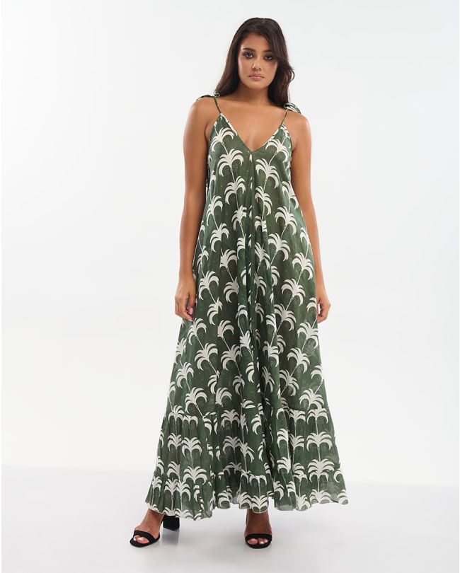 ΦΟΡΕΜΑ ΜΑΚΡΥ ΜΕ ΤΙΡΑΝΤΕΣ ΣΕ ΣΚΟΥΡΟ ΠΡΑΣΙΝΟ ΧΡΩΜΑ ΜΕ ΦΟΙΝΙΚΕΣ ONE SIZE (100% COTTON)