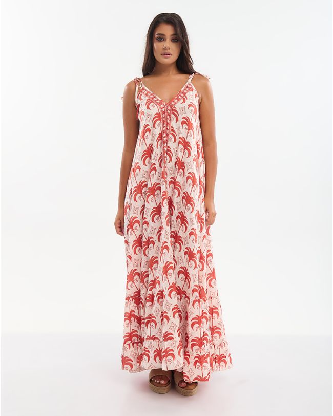 ΦΟΡΕΜΑ ΜΑΚΡΥ ΜΕ ΤΙΡΑΝΤΕΣ ΣΕ ΚΟΚΚΙΝΟ ΧΡΩΜΑ ΜΕ ΦΟΙΝΙΚΕΣ ONE SIZE (100% COTTON)