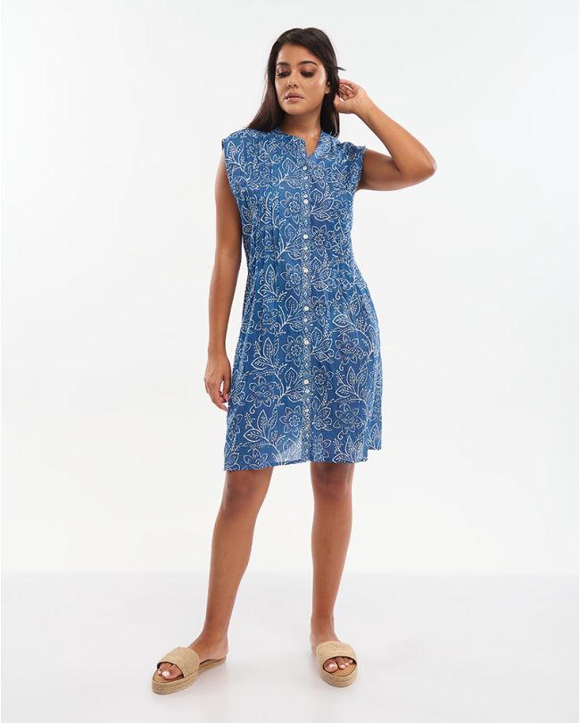 ΦΟΡΕΜΑ ΚΟΝΤΟ ΑΜΑΝΙΚΟ ΣΕ ΜΠΛΕ ΧΡΩΜΑ ΜΕ ΛΕΥΚΑ ΛΟΥΛΟΥΔΙΑ ONE SIZE (100% COTTON)