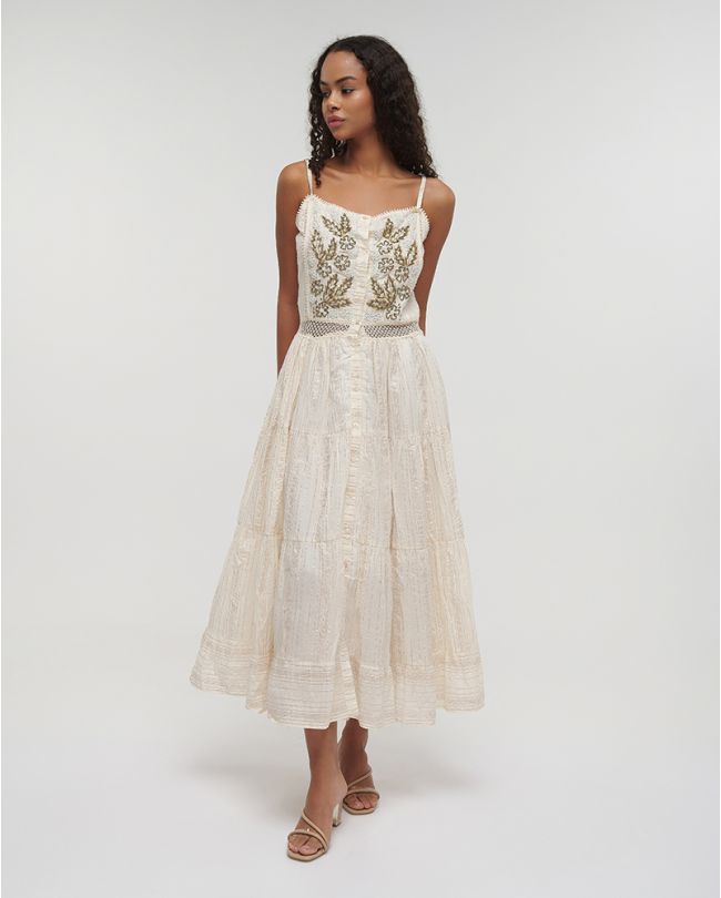 LONG SLEEVELESS DRESS IN ECRU COLOR WITH LUREX ONE SIZE (100% COTTON)