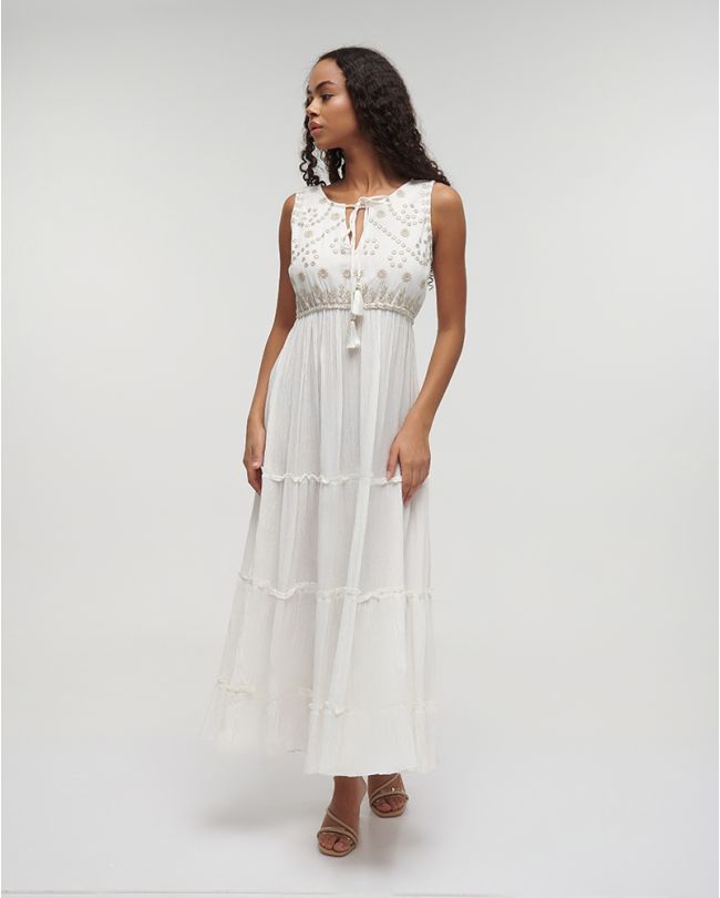 LONG SLEEVELESS DRESS IN WHITE COLOR WITH BEIGE/SILVER DETAILS ONE SIZE (100%VISCOSE)