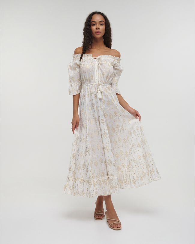 LONG DRESS WITH 3/4 SLEEVES IN WHITE COLOR WITH GOLD DETAILS ONE SIZE (100% COTTON)