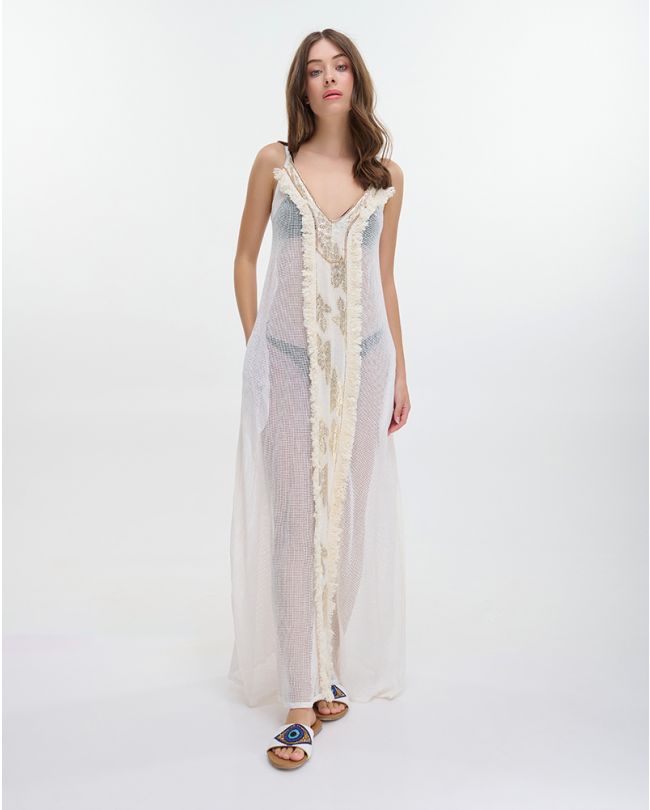 LONG SLEEVELESS NET DRESS IN ECRU COLOR ONE SIZE (100% COTTON)