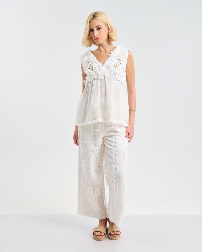 SLEEVELESS TOP IN WHITE COLOR WITH BEIGE DETAILS ONE SIZE (100% COTTON)