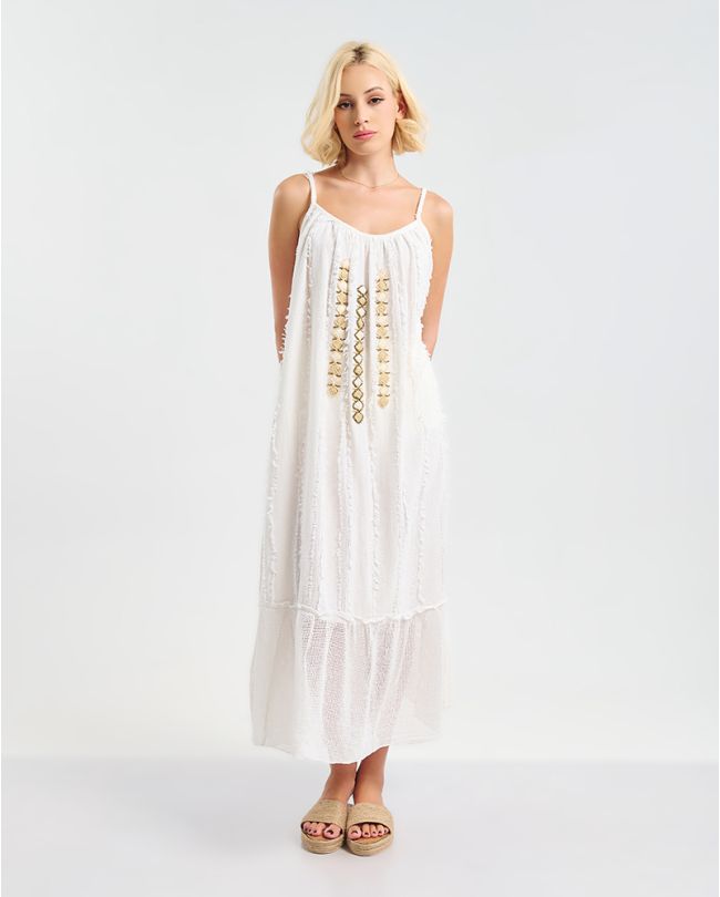 ΦΟΡΕΜΑ ΜΑΚΡΥ ΑΜΑΝΙΚΟ ΛΕΥΚΟ ΜΕ ΜΠΕΖ ΛΕΠΤΟΜΕΡΕΙΕΣ ONE SIZE (100% COTTON)