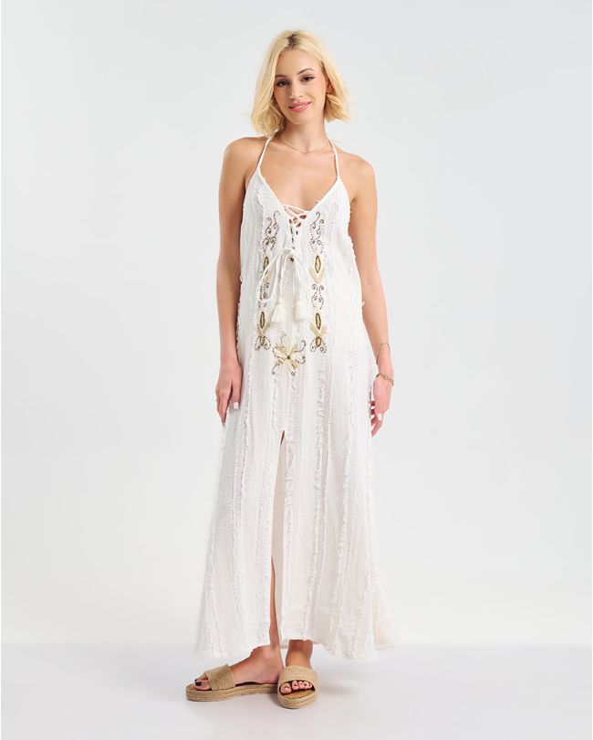 ΦΟΡΕΜΑ ΜΑΚΡΥ ΕΞΩΠΛΑΤΟ ΛΕΥΚΟ ΜΕ ΜΠΕΖ ΛΕΠΤΟΜΕΡΕΙΕΣ ONE SIZE (100% COTTON)