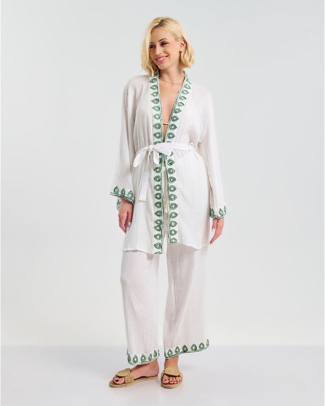 S/2 ΚΙΜΟΝΟ ΜΕ ΖΩΝΗ ΚΑΙ ΠΑΝΤΕΛΟΝΑ ΛΕΥΚΟ ΜΕ ΠΡΑΣΙΝΕΣ ΛΕΠΤΟΜΕΡΕΙΕΣ ONE SIZE (100% COTTON)