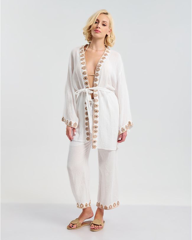 S/2 ΚΙΜΟΝΟ ΜΕ ΖΩΝΗ ΚΑΙ ΠΑΝΤΕΛΟΝΑ ΛΕΥΚΟ ΜΕ ΚΑΦΕ ΛΕΠΤΟΜΕΡΕΙΕΣ ONE SIZE (100% COTTON)