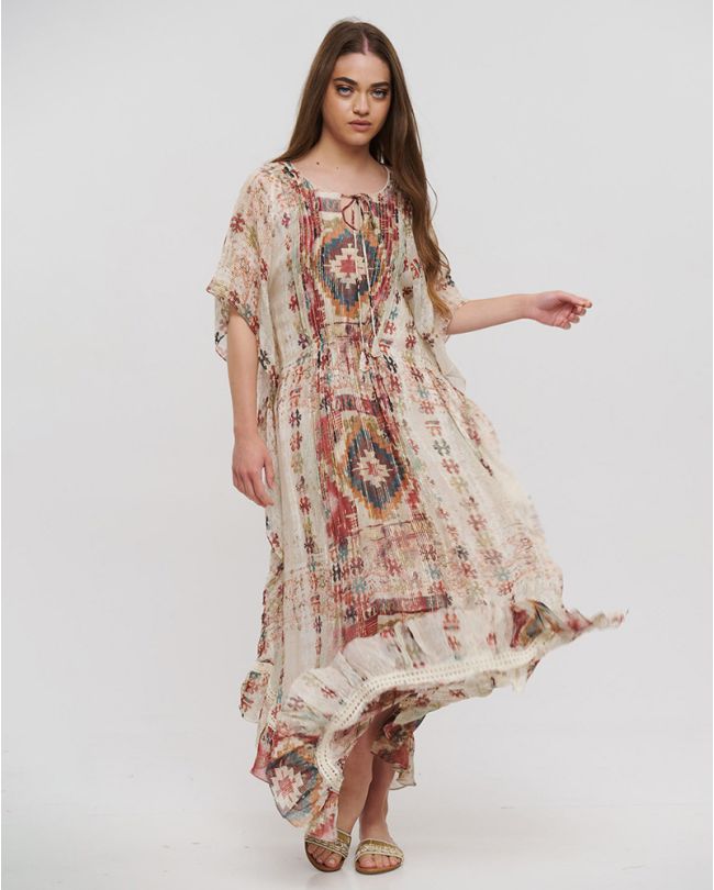 DRESS/KAFTAN IN RED/WHITE COLOR WITH PATTERNS ONE SIZE (100% VISCOSE)